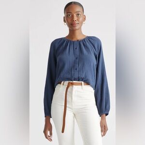 NWT 100% Organic Cotton Gauze Peasant Blouse in Indigo Blue , Sz S